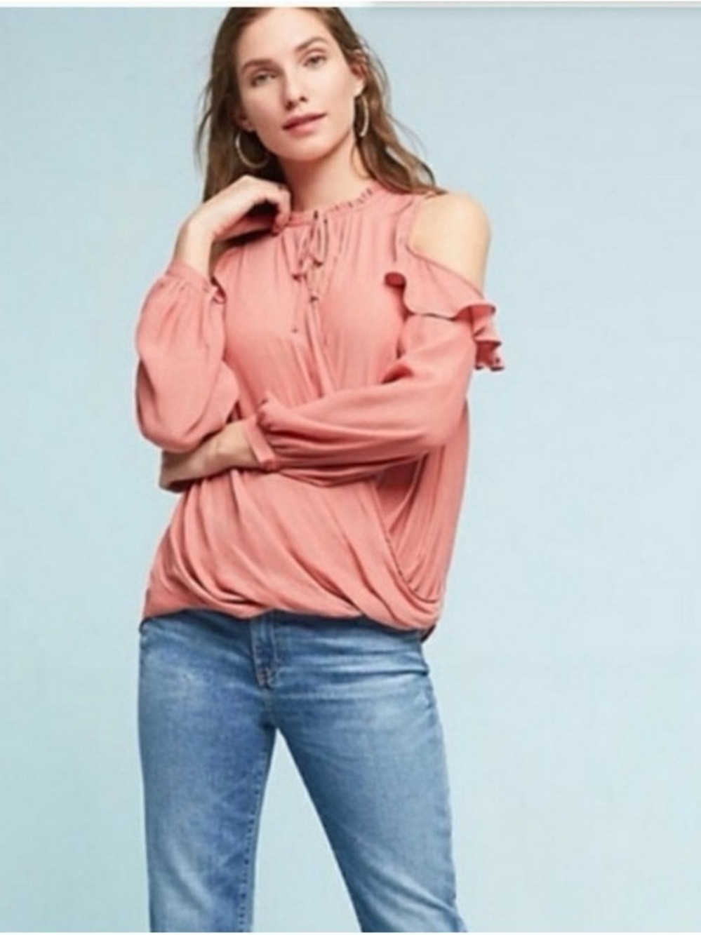 Maeve by Anthropologie Cold-Shoulder Ruffle Blouse in Dusty Rose